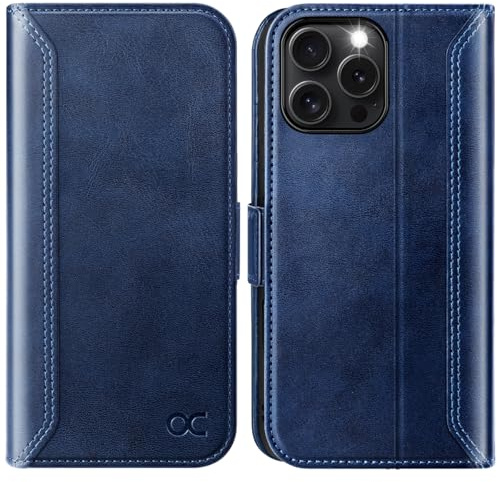 OCASE Portafoglio Cover per iPhone 16 Pro (6,3 Pollici) Retro Blu | Custodia a Ribalta, Portafoglio in Pelle PU, Blocco RFID, 3 Slot per Carte, Supporto Integrato, Protezione Antishock