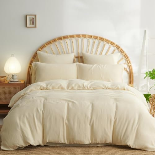 Lanqinglv Doppelte Musselin Bettwäsche 200x220 Baumwolle,Kuschelige Leinenoptik ÖKO-TEX Bettwäsche Creme Weiß mit Reißverschluss und 2 Kissenbezug 80x80cm