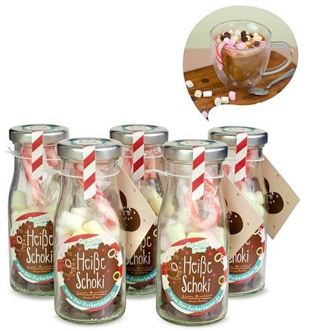 DIY Heisse Schoki 5er Set – Geschenk-Flasche gefüllt mit Zartbitter-Schokodrops, Mini-Marshmallows und Zuckerstange