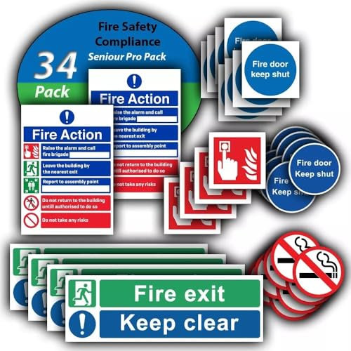 Fire Safety Compliance Sticker Signs - 34 Multi-Pack - Fire Exit, Fire Door keep shut, fire alarm, Vinyl Sticker Signs