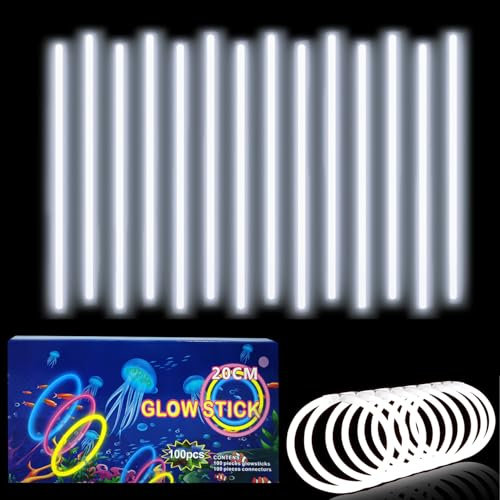 Braccialetti luminosi fluorescenti bianchi 100 pezzi, colorati bastoni bulk con 100 connettori. Glow sticks bambini adulti per compleanno, feste, Carnevale, Capodanno, Pasqua, Halloween