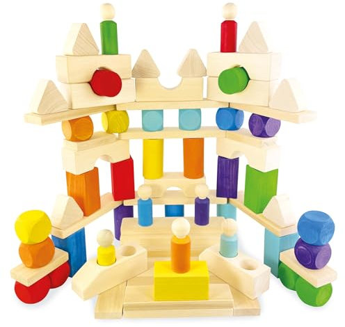 Ulanik Magisches Schloss, Montessori Spielzeug ab 3 Jahre, Baby Sensorik Balance Spiel Holzbausteine, Spiel für Zählen und Sortieren Farben Lernen — 77 St