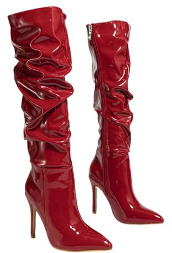 Stivali Alti Fino al Ginocchio in Pelle Verniciata da Donna, Stivali Lunghi con Tacco a Spillo Rosso Sexy a Punta, Stivali con Tacco alla Moda con Cerniera Laterale