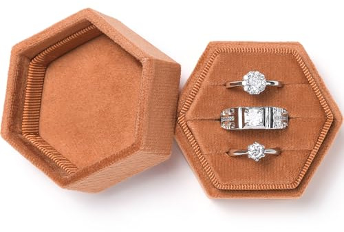 WantGor Samt Schmuck Ring Box, 3 Slots Sechseck Ring Geschenk Box Vintage Ring Display Holder Case für Hochzeit Zeremonie Vorschlag Engagement (Orange)
