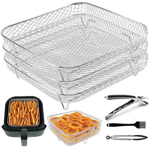 Accessoires Air Fryer, 3PCS Air Fryer Grill Rack Empilable 20cm Carrée Grille de Cuisson Antiadhésive en Acier Inoxydable avec 1 Clip et 1 Pince