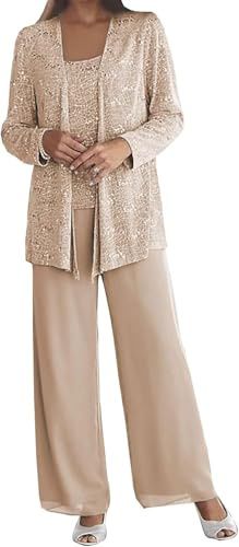 Robe de Mariée Femme Pantalon Jupe Élégante Tenue d'Invité Mariage Chiffon Dentelle 3 Pièces Ensemble (Kaki, TG)
