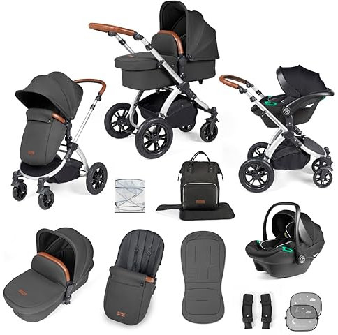 Ickle Bubba Stomp Luxe 3-in-1-Kinderwagen mit Cirrus i-Size – (Silber/Anthrazitgrau/Tan)