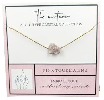 Houseofcristal Collier Pendentif Tourmaline Rose avec Chaîne, Plaqué Or 18K, Pierre Naturelle