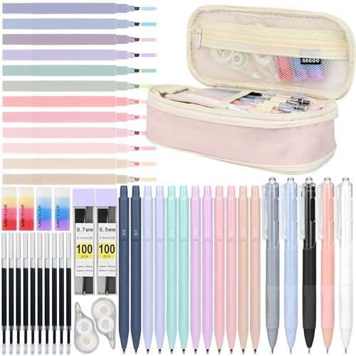 Smlper 48 Stück Schulsachen Aesthetic mit Mäppchen, 12 Farbige Textmarker, 5 Gelstifte, 6 Druckbleistift-Sets, Schulsachen Mädchen, Schulbedarf, Büro - Rosa