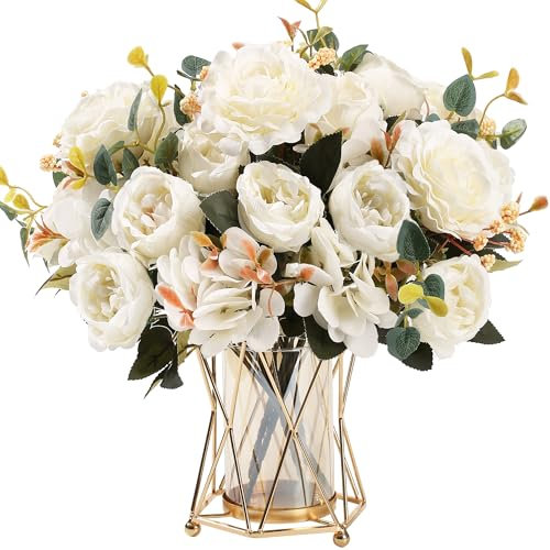 HNVNER Artificial Flowers White 2 Bunches, Fake Silk Peonies Flower Faux Rose Mixed Bouquet for Wedding Party Table Centerpieces Kitchen Home Decor