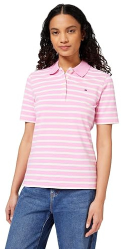 Tommy Hilfiger Damen Poloshirt Kurzarm 1985 Pique Regular Fit, Rosa (Rose Petal/Ecru Stripe), M