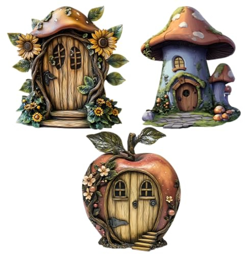 Feentür für Baum – 2D-Miniatur-Feentür aus Holz, niedlich, rustikal, 3 x Märchen-Miniatur-Zubehör für Wand, Kinderhaus, Baumdekoration, Garten
