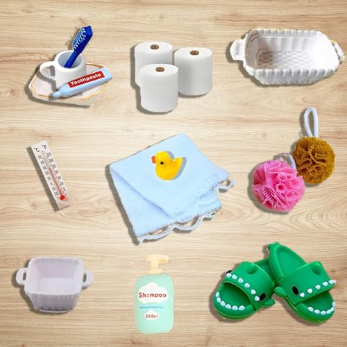 Wichtel Zubehör Weihnachten,17 PCS Puppenhaus Zubehör Wichtel Badeset 1:12 für Miniatur Deko,Wichtel Wasch Set Badeutensilien mit Wichtel Badewanne,Slippers,Zahnbürste, Klopapier, Handtuch und Ente