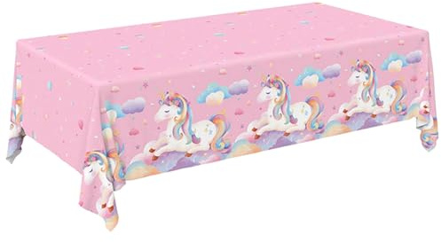 Ovanda Rosa Einhorn Tischdecke 137 x 274 cm für Kindergeburtstag & Party | Das rosa Einhorn Design ergänzt Geburtstagsfeiern für Mädchen und Jungen als Tischdekoration und passendes Partyzubehör
