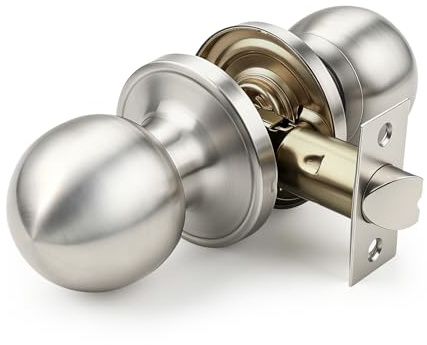 Brotima Satin Nickel Round Passage Door Knobs,Non-Locking Interior Door Knob with Adjustable Latch (60mm/70mm) for Hallways,Closets & Bedrooms