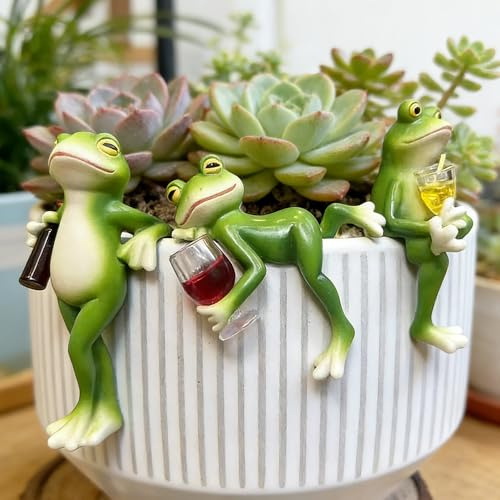 SGZIOO 3 Stück Frosch Blumentopf Hänger, Frosch Deko Garten, Harz Lustige Figuren Gartendeko, Gartenfigur Statue für Miniteich Teich, Terrasse, Draußen, Rasen Dekorationen
