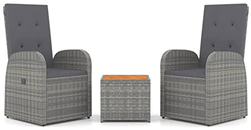 Owoxanthellate 3tlg. Poly Rattan Gartenmöbel Set mit Akazienholz Tisch 57 x 69 x 106 cm Grau Klappbare Liegefunktion Moderne Terrassenmöbel für Balkon Garten Outdoor Lounge