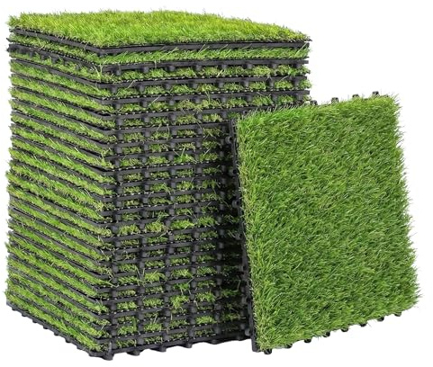 Outsunny 22 Pezzi Erba Sintetica per Esterno, Tappetino 30x30 cm con Altezza Pelo 25 mm, Drenante, per Giardino, Balcone, Patio, Verde