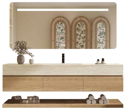 Generisch Wandhängendes Waschbecken-Set - Sinterstein - Travertine Look, mit Spiegel, Unterschrank, Ablage & Ablauf, mit Armaturenloch【YT9865】 (130 * 55cm)