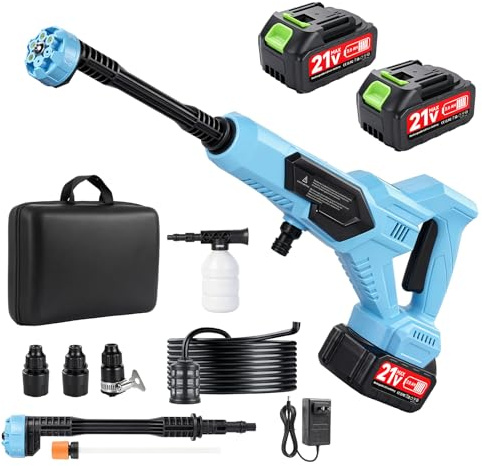 21V Idropulitrice a Batteria, 120Bar/1700PSI, 6L/min, 6 in 1 Ugello con 5M Tubo e 3 Ugelli, 2×3.0Ah Batterie, per Auto Patio Giardino Pulizia Pavimenti (Con Borsa per Aereo)