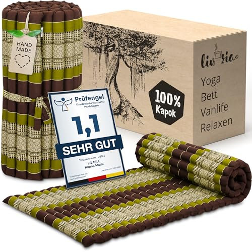 livasia Rollmatte Rollmatratze M schmal Einzelbett - 200x75x4,5cm - Gästebett Gästematratze 1 Person mit Muster, Reisebett Kofferraum outdoor, Thaimatte Kapok Garten handgefertigt (Braun/Grün)