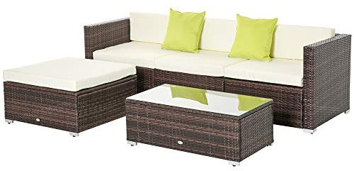 Outsunny 5 Pieces PE Rattan Garden Furniture Set with Cushions, Outdoor Corner Sofa, Patio Sectional Conversation Furniture Sets with Glass Top Coffee Table, Brown