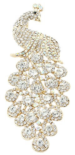 EVER FAITH Cristal Autrichien Élégant Animal Paon Plume Pendentif Broche Clair Ton d'or