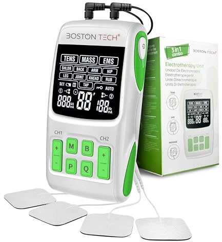 Boston Tech® Stimulateur musculaire 3 en 1 avec fonctions TENS/EMS/massage | 2 canaux, 36 programmes à intensité réglable, 4 électrodes. Soulage, réhabilite et renforce les muscles. Piles incluses.