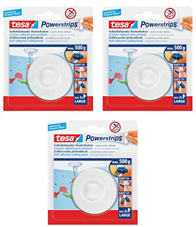 tesa Powerstrips Deckenhaken/Drehbarer Haken aus hochwertigem Kunststoff zum Kleben/Bis 0,5kg / Rüchkstandslos entfernbar (3x 58029-00020-04)