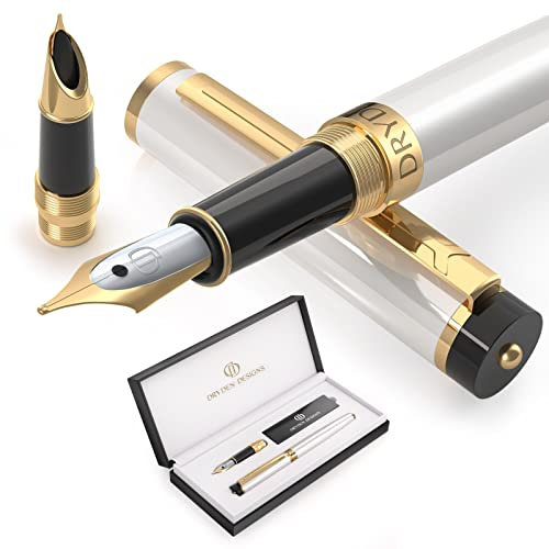 Dryden Designs Fountain Pen - Medium Nib & Fine Nib | Includes Luxury Box, 6 Ink Cartridges - 3 Black 3 Blue and Ink Refill Converter - Pearl White
