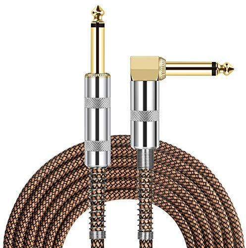 JOLGOO Gitarrenkabel, 1/4 Zoll Kabel 3m, gerade bis rechtwinklig 6,35mm Stecker Bass Keyboard Instrumentenkabel, Orange und Schwarz Tweed Stoff Jacke, elektrische Mandoline, pro Audio