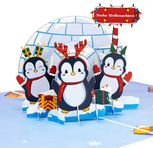 LIMAH® Pop-Up 3D Grußkarte/Lustige Weihnachtskarte/X-Mas Karte zu Weihnachten/Drei Pinguine Motiv/in Blau