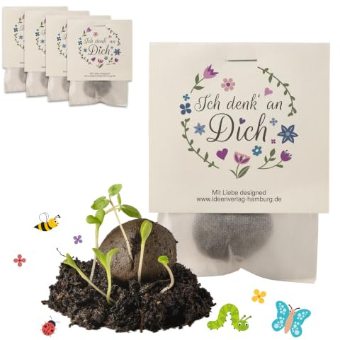 Ideenverlag HAMBURG 4X Ich Denk' an Dich Samenbomben als Geschenk/Abschied/Valentinstag/Blumen/Aufmerksamkeit/Gastgeschenk/Seedbombs/Partytüten/Mitgebseltüten/Geschenktüten/Give-aways/Saatkugeln