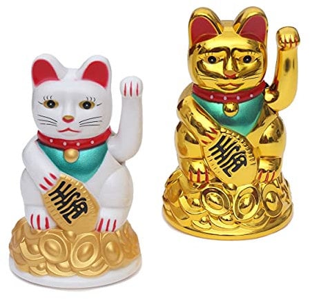 Winkekatze 2er Set - Winkende Japanische Glückskatze - Wackelfigur Glücksbringer Büro Schreibtisch - lustige Scherzartikel - Abschiedsgeschenk Kollege - Wichtel-Geschenk (Gold & Weiß)