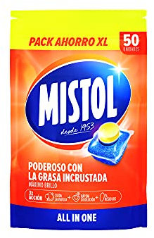 Mistol All In One - 50UDS Pastillas Lavavajillas con Potencia Desengrasante Avanzada, Brillo Intenso y Disolución Rápida, Protección Total y Cero Residuos - Limpieza Eficaz y Responsable