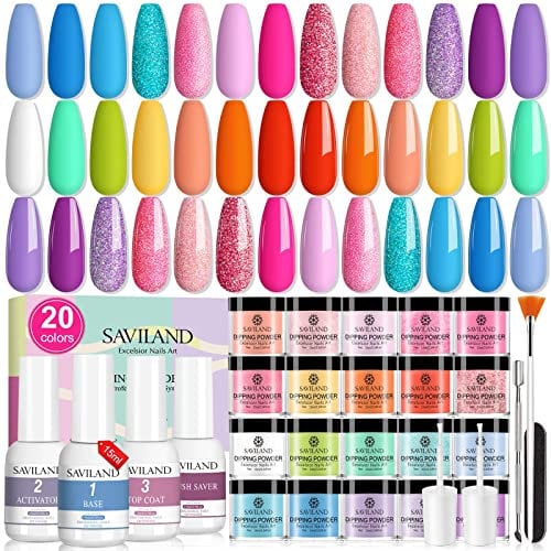 SAVILAND Dip Powder Nail Kit, 20 Colors Summer Neon Dipping Powder System with Base Top Activator Brush Saver, No UV Lamp Needed for Long-Lasting Salon & Home Manicure