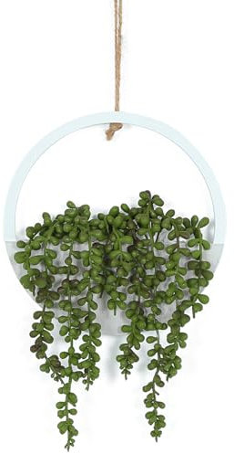 Hobyhoon Plantas colgantes de suculentas artificiales, cadena de perlas falsas de 12.2 pulgadas en maceta de madera para decoración de pared interior y exterior (1 unidad)