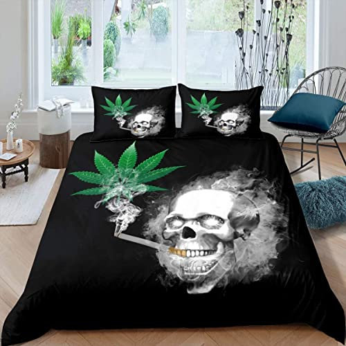 Loussiesd Marihuana-Weed-Blatt-Bettwäsche-Set für Teenager Gothic-Schädel Skelett komplett Jungen Männer Jugend Schlafzimmer Dekor grün Cannabis rauchig Bettwäsche 135x200cm schwarz weiß