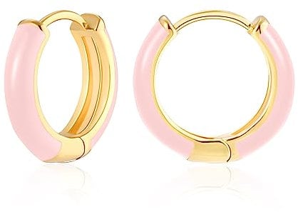 MESOVOR Kleine Goldene Creolen für Damen, 18 Karat Vergoldete Leichte Huggie-Ohrringe | Hypoallergene Emaille Geschenke für Mädchen (Hell-Pink)