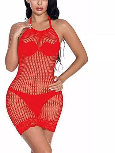 ROSVAJFY Mini Robe Sexy Resille Lingerie en Maille Femme Nuisette Licol en Filet Chemise de Nuit Serrée dos Nu Babydoll Transparent Clubwear Bodycon Robe Moulante XS-XL (Rouge)