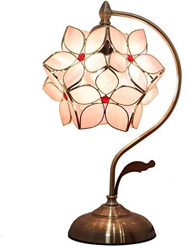 Bieye L30832 Tischlampe im Tiffany-Stil mit Buntglas und Blütenblättern, mit Messingsockel für die Inneneinrichtung (Rosa, 8 Apfelblüte)