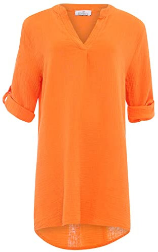 Zwillingsherz Musselin Longbluse aus 100% Baumwolle mit V-Ausschnitt – Hochwertige Tunika für Damen Frauen Mädchen - Sommerbluse Strandkleid - Locker luftig perfekt Frühling, Orange, 36-42