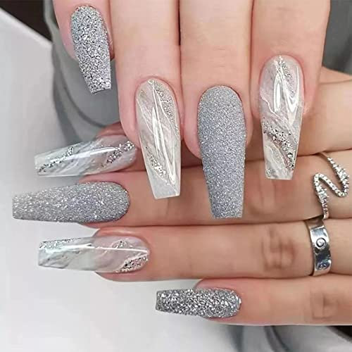 24 PCS Faux ongles gris argenté Faux ongles marbre avec flash coloré Faux ongles brillants Faux ongles entièrement recouverts Faux ongles collants pour femmes et filles Décoration quotidienne