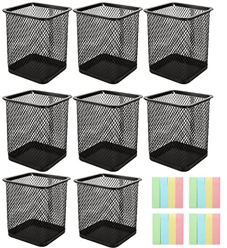 LOLYSIC 8 Pack Pen Pots, Black Mesh Pen Holders, Square Metal Pencil Pot Desk Pencil Holders for School, Office, Home, with 4Pcs Sticky Notes