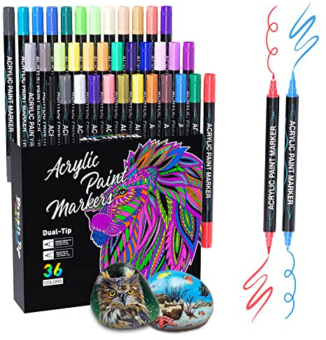Sonlaryin Acrylstifte für Leinwand 36 Farben, Doppelspitze Acrylstifte für Steine Wasserfest, Acrylmarker Set für Holz, Glas, Papier, Keramik, Leinwand, Erwachsene Kinder Geschenke Ostern Basteln