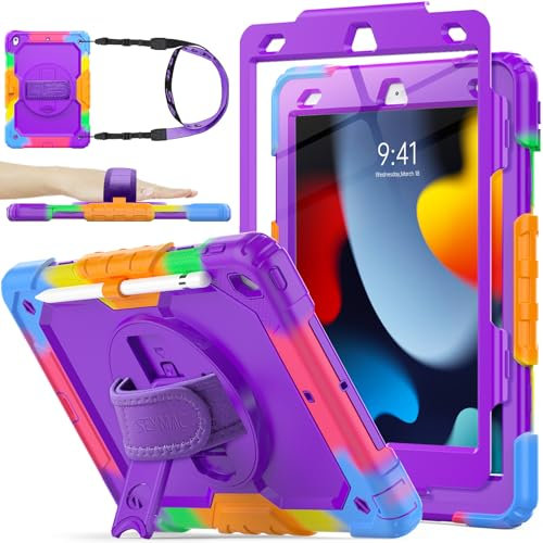 SEYMAC stock for iPad 9th/8th/7th Generation Case 10.2 inch, Full-Body Shockproof with 360° Rotating Stand/Hand Strap, Screen Protector, Pencil Holder for iPad 10.2 Case 2021/2020/2019, Camo+Purple
