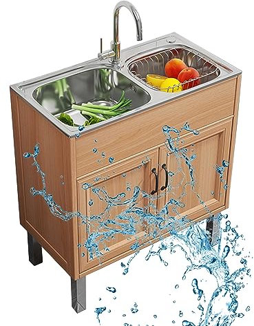 paiye Spülenschrank mit Spüle, Spülbecken aus Edelstahl, freistehende Spüle mit Wasserhahn, für Garage, Restaurant, Waschküche, Werkstatt (Braun, 75x40x75 cm)