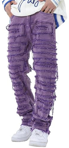 Jeans impilati Uomo Skinny Strappato Jeans Slim Fit Patchwork Denim Pantaloni Y2K Goth Harajuku Emo Hip Hop Jeans Pantaloni, 1-viola, XL
