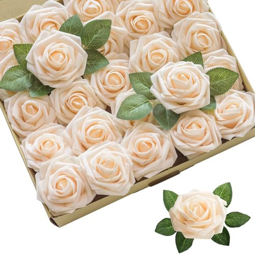 Aoleytech Aolytech Artificial Flower Roses, 50 Real Touch Fake Foam Roses, Wedding Decorations, Bridal Bouquet, Valentine's Day, Mother's Day, Baby Shower (Light Champagne)
