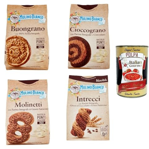 Mulino bianco Testpaket 100% Vollkornmehl Kekse Molinetti Buongrano Cioccograno Intrecci + Italian gourmert polpa 400g